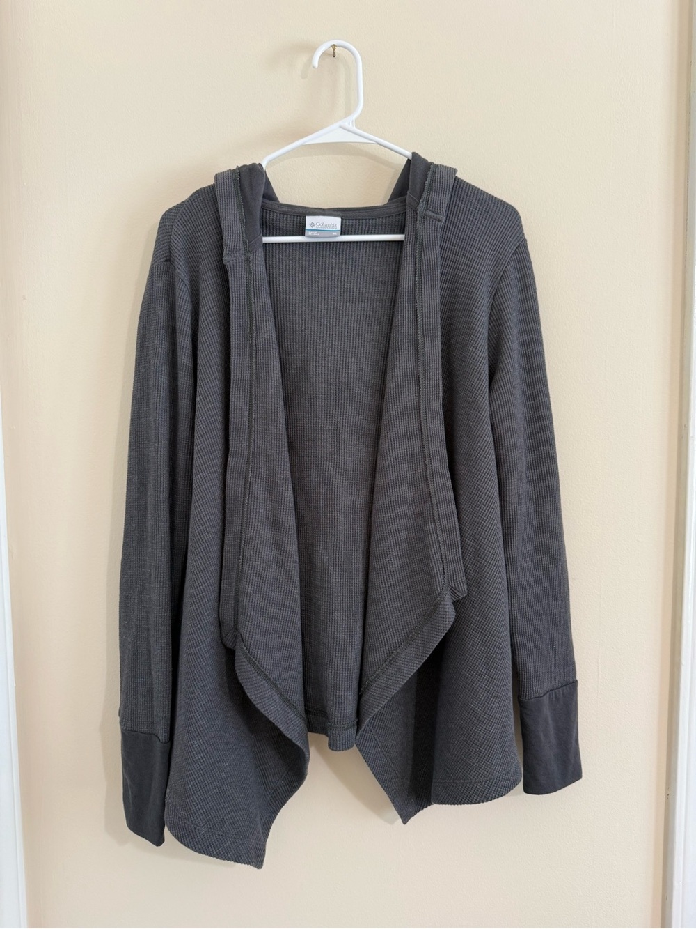 Columbia Women's XL Dark Charcoal Hooded Open-Front Cardigan Waffle Knit Cozy